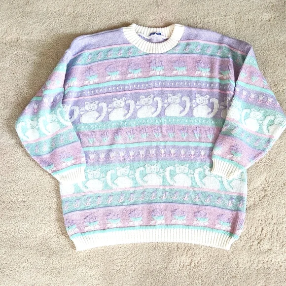 Vintage 1980s Rose Cats Fairy Kei Kawaii Pastel Sweater Sparkle Thread large - Picture 5 of 10